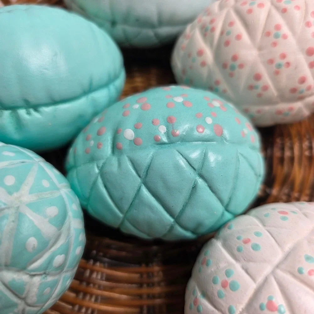 Vintage Quilted Ceramic Easter Egg Set of 6 Hand‎ Painted Blue White Cottagecore